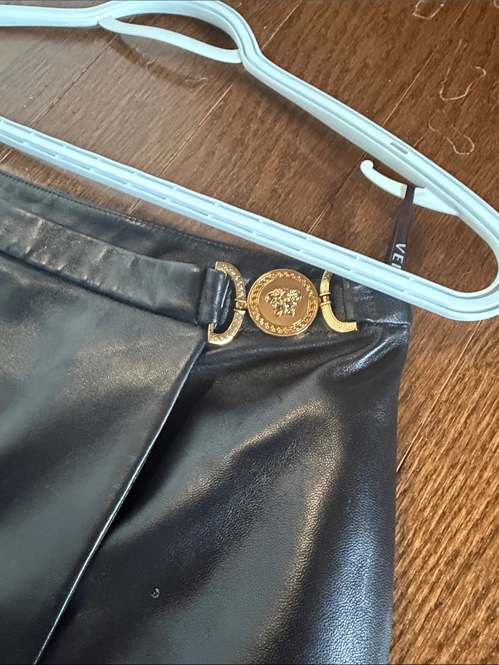 Versace Black Leather Mini Skirt with Gold Medusa Hardware